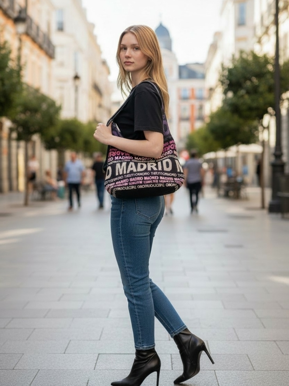 Robin Ruth Black and Purple Logo-Print Shoulder Bag